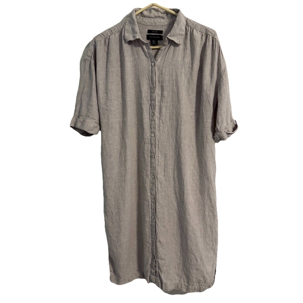 Tahari Women's Linen Gray Button Down Collar Knee Length Dress Sz M Lagenlook